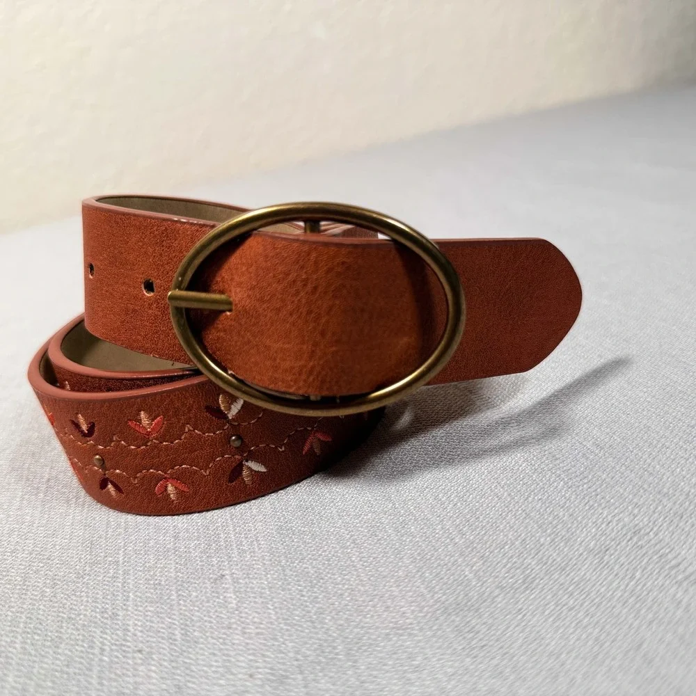 Vintage Floral Embroidered Brown Leather Belt Cambodia Studded Brass Buckle